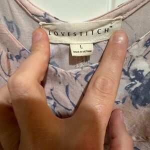 Lovestitch; off pink, blue flowers, slit, straps are adjustable.